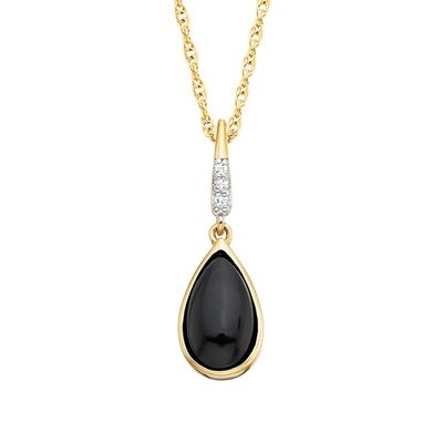 Gold-Plated Teardrop Black Onyx Round Diamond Accent Necklace