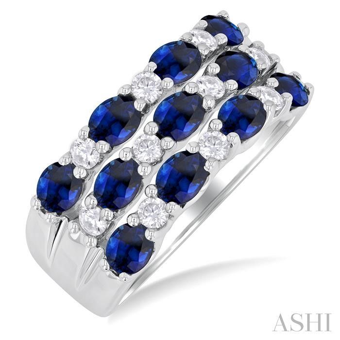 14KT White Gold Oval Blue Sapphire Round Diamond Band