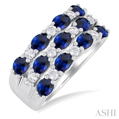 14KT White Gold Oval Blue Sapphire Round Diamond Band