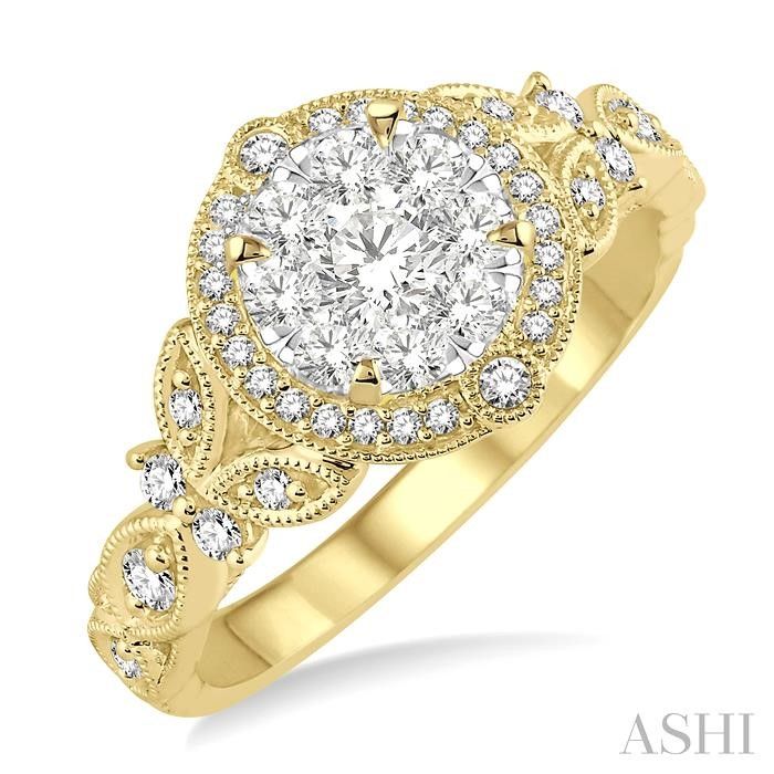14KT Yellow Gold Round Diamond Cluster Engagement Ring