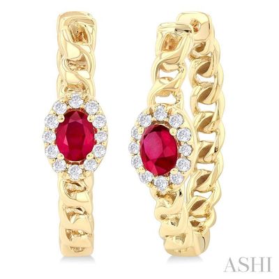 14KT Yellow Gold Oval Ruby Diamond Halo Hoop Earrings