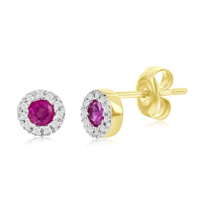 14KT Yellow Gold Round Ruby Diamond Halo Stud Earrings