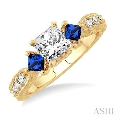 14KT Yellow Gold Princess Diamond and Blue Sapphire Engagement Ring