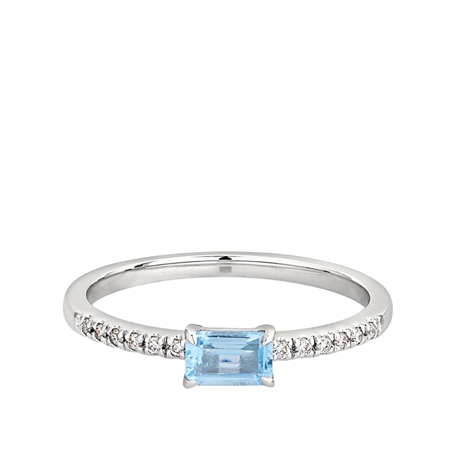 10KT White Gold Rectangle Blue Topaz Round Diamond Accent Ring