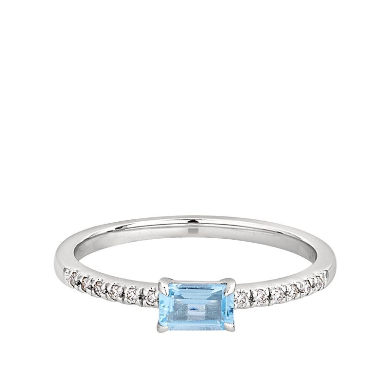 10KT White Gold Rectangle Blue Topaz Round Diamond Accent Ring