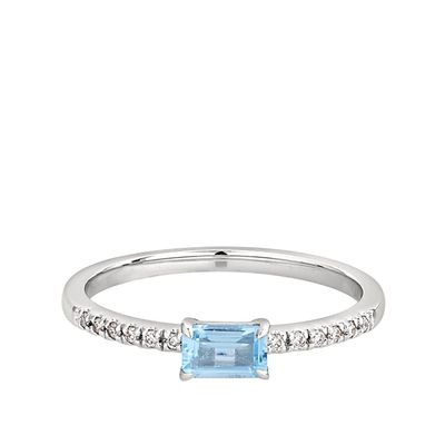 10KT White Gold Rectangle Blue Topaz Round Diamond Accent Ring