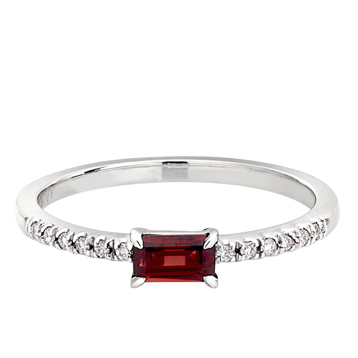10KT White Gold Rectangle Garnet Round Diamond Accent Ring