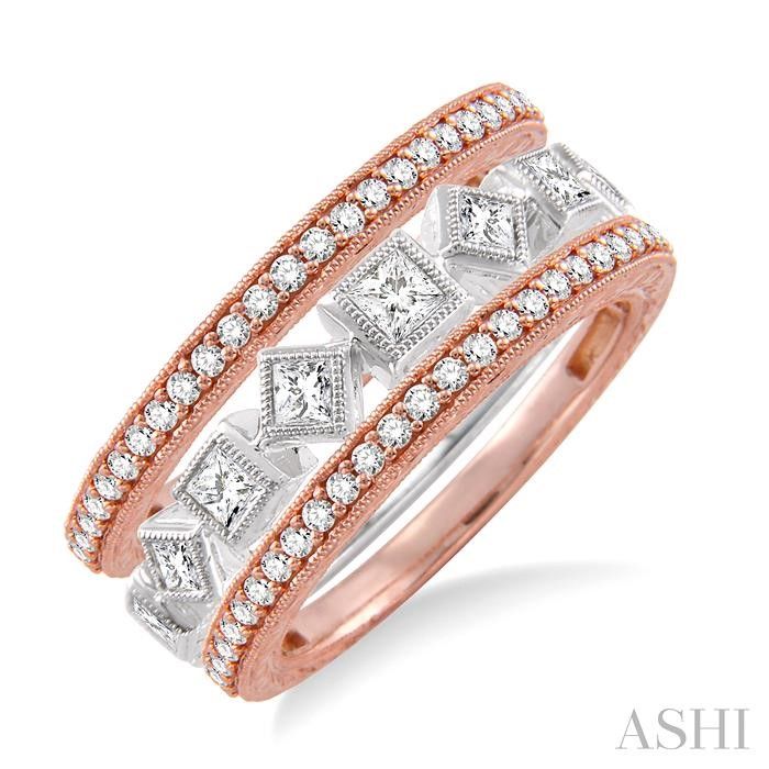 14KT TwoTone Gold Princess and Round Three Stackable Band Set