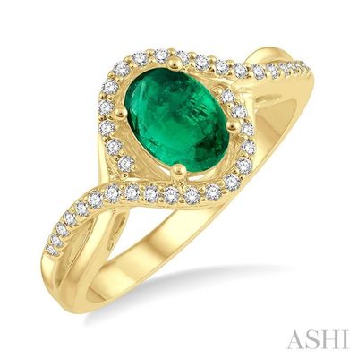 14KT Yellow Gold Oval Emerald Round Diamond Accent Bypass Shank Ring