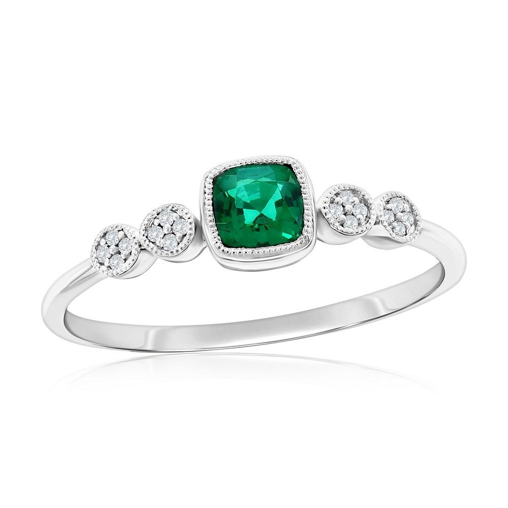 Silver Cushion Created Emerald and Natural Diamond Ring