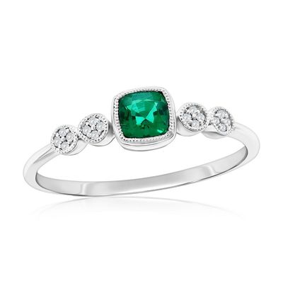 Silver Cushion Created Emerald and Natural Diamond Ring