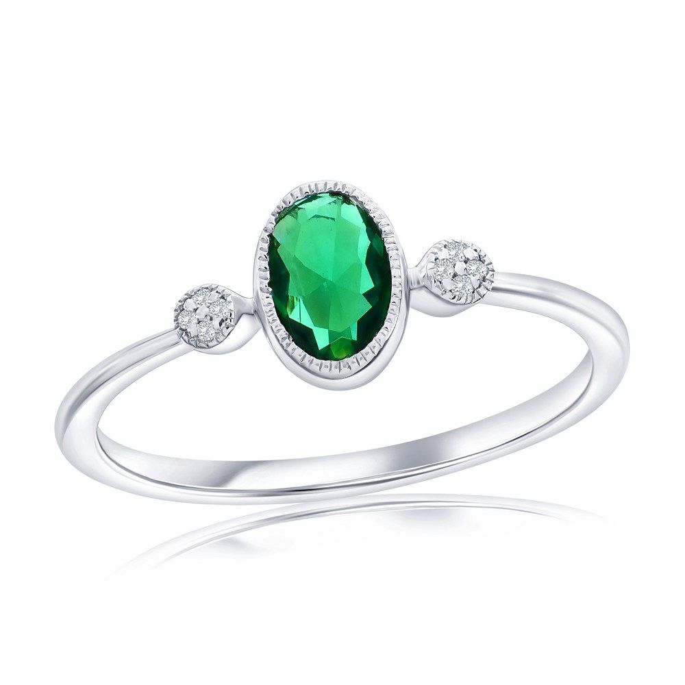 Silver Oval Created Emerald and Natural Diamond Ring