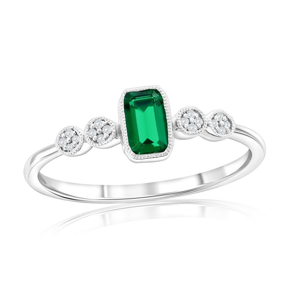 Silver Rectangle Created Emerald and Natural Diamond Ring