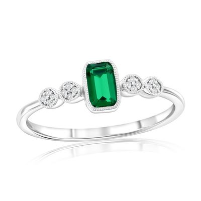 Silver Rectangle Created Emerald and Natural Diamond Ring