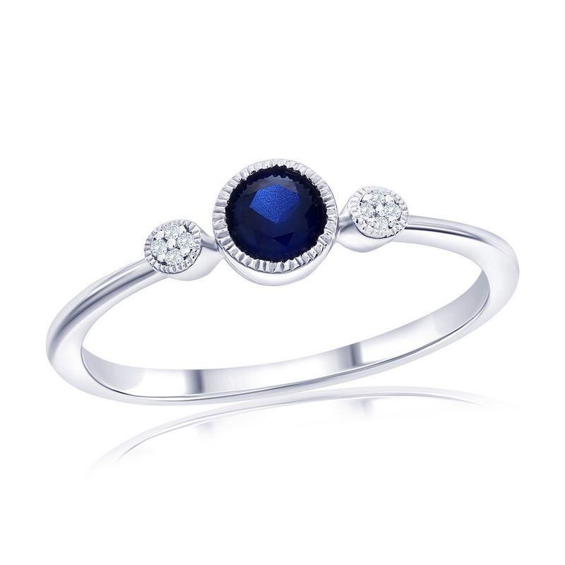 Silver Round Created Sapphire and Natural Diamond Ring