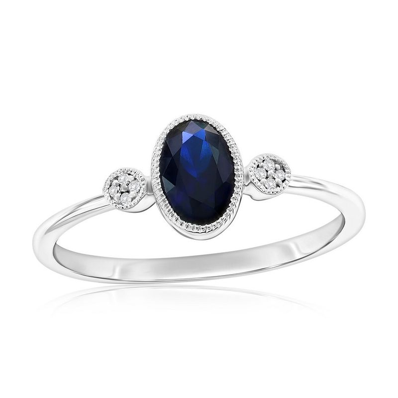Silver Oval Created Sapphire and Natural Diamond Ring