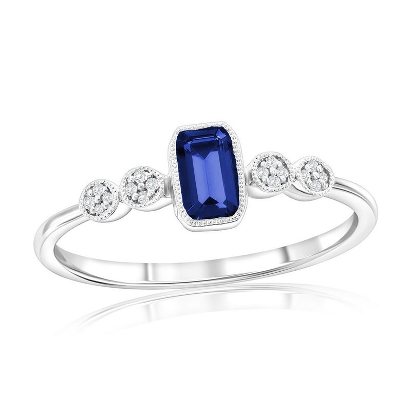 Silver Rectangle Created Sapphire and Natural Diamond Ring