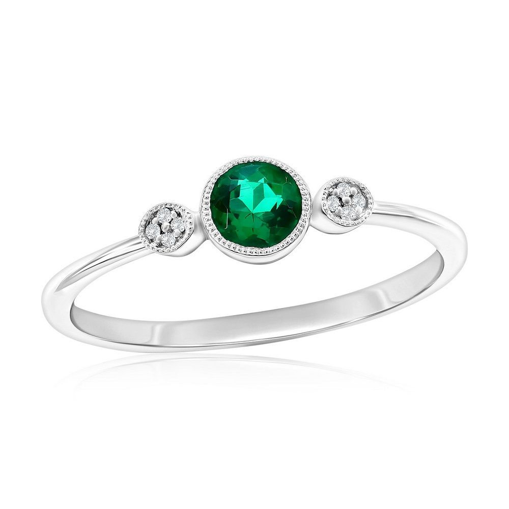 Silver Round Created Emerald and Natural Diamond Ring