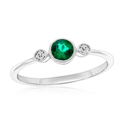 Silver Round Created Emerald and Natural Diamond Ring