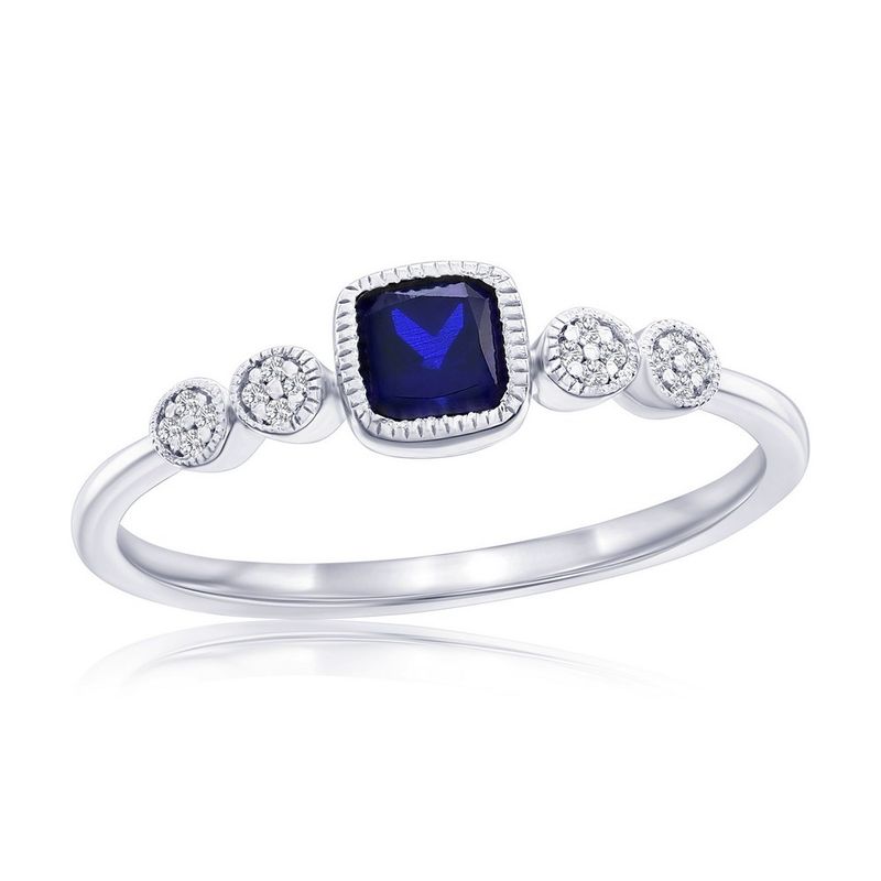 Silver Cushion Created Sapphire and Natural Diamond Ring