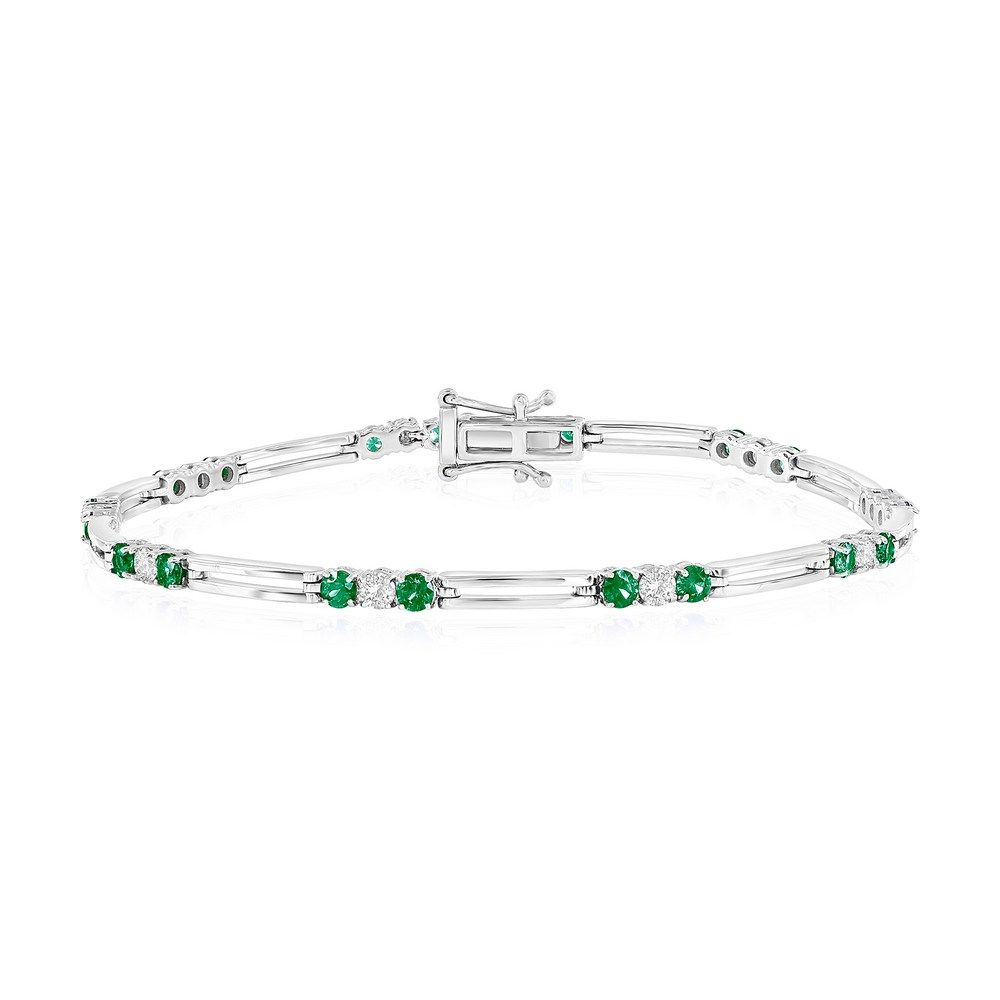 Silver Emerald and Diamond Fancy Link Bracelet
