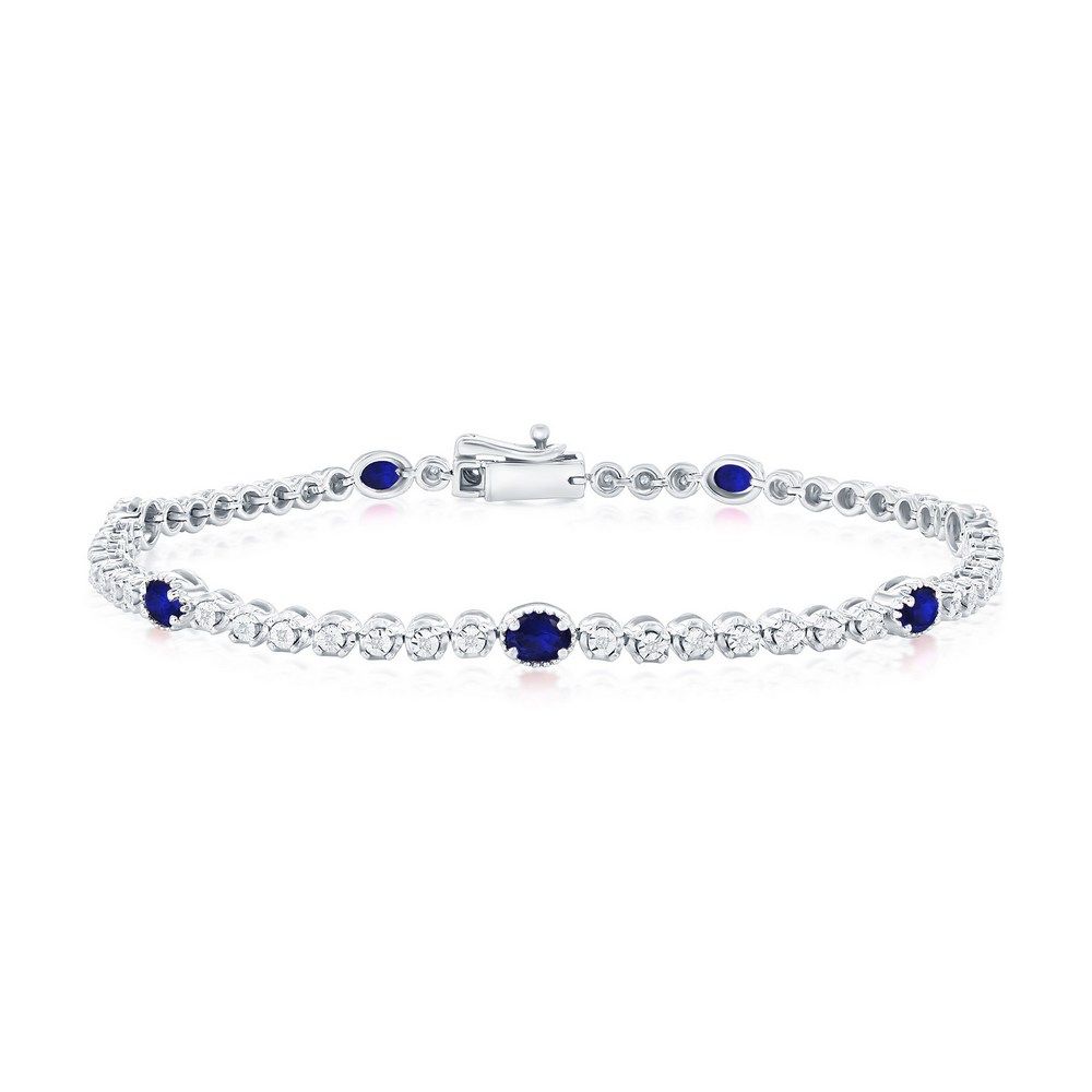 Silver Created Sapphire and Natural Diamond Bracelet