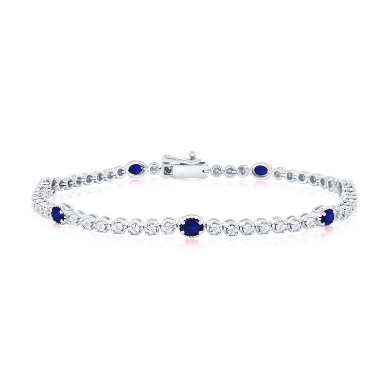 Silver Created Sapphire and Natural Diamond Bracelet