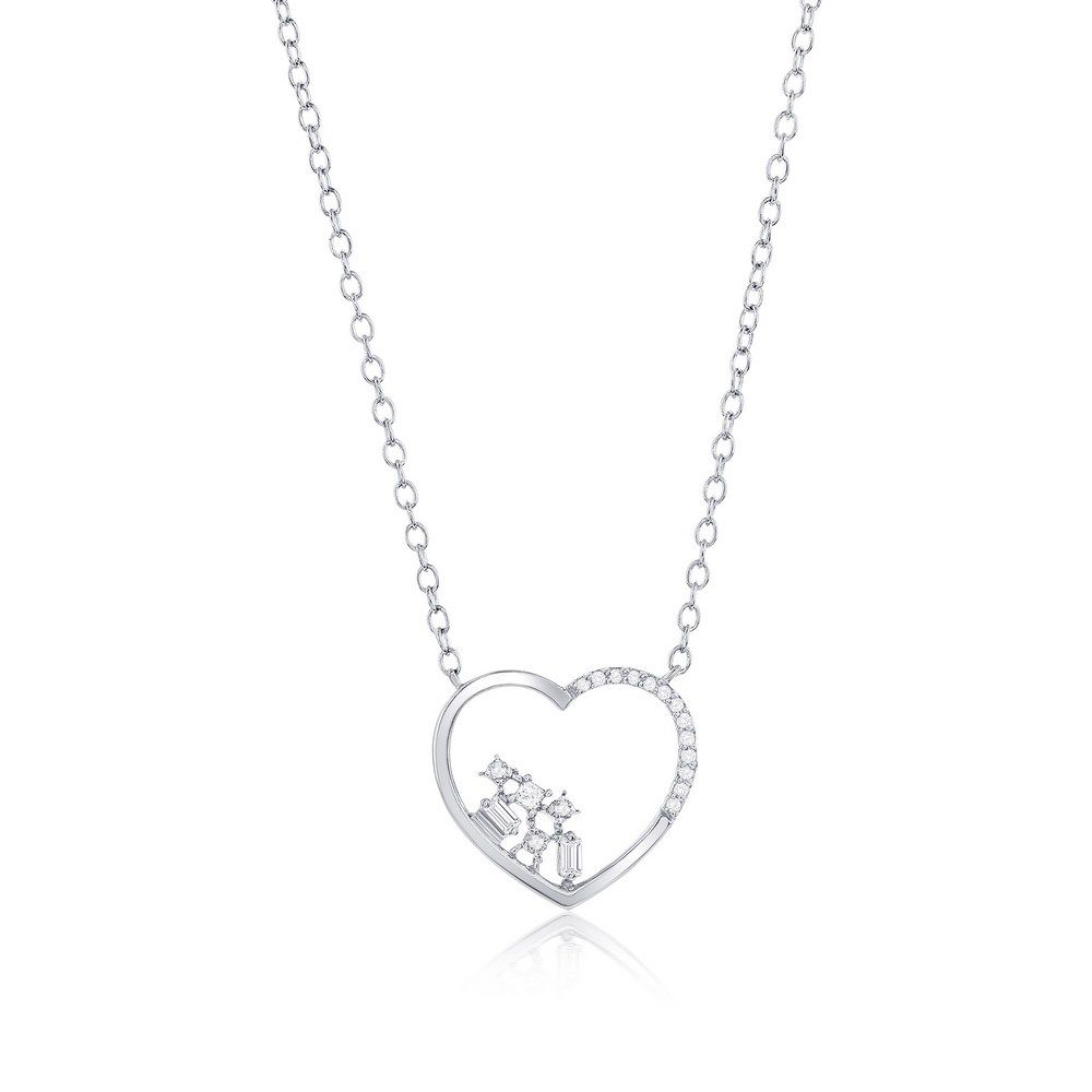 Silver Multi-Cut Diamond Open Heart Necklace