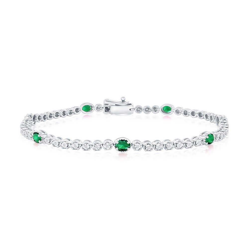 Silver Created Emerald and Natural Diamond Bracelet