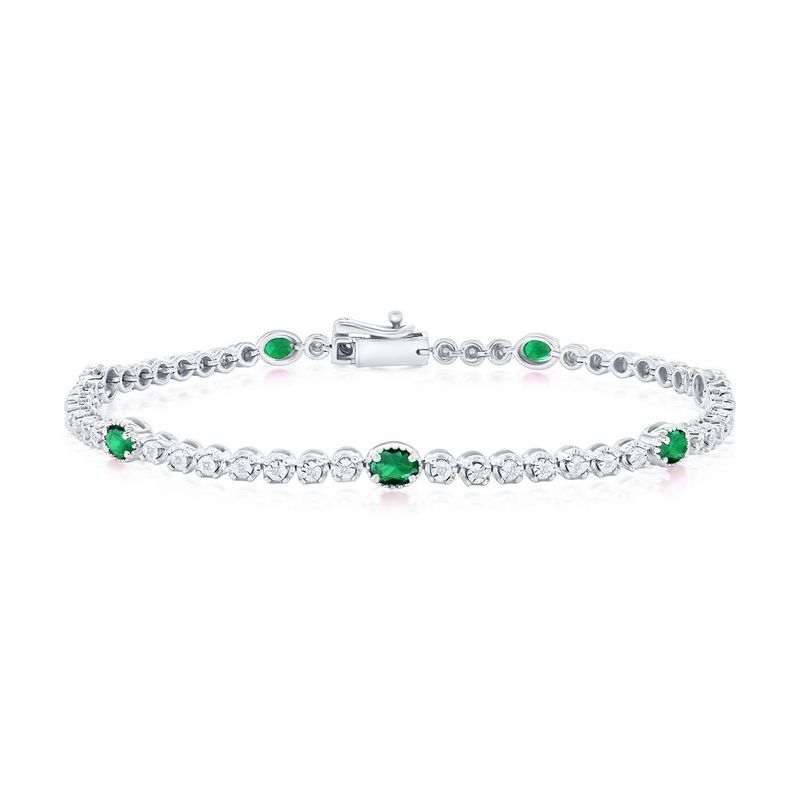 Silver Created Emerald and Natural Diamond Bracelet