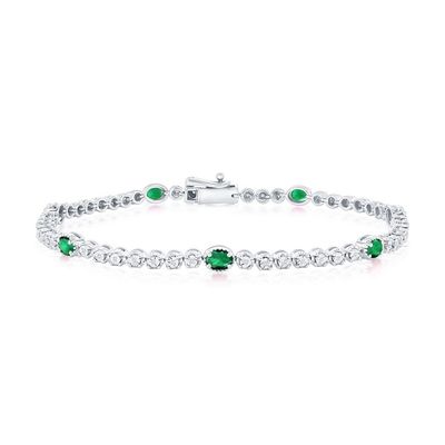Silver Created Emerald and Natural Diamond Bracelet