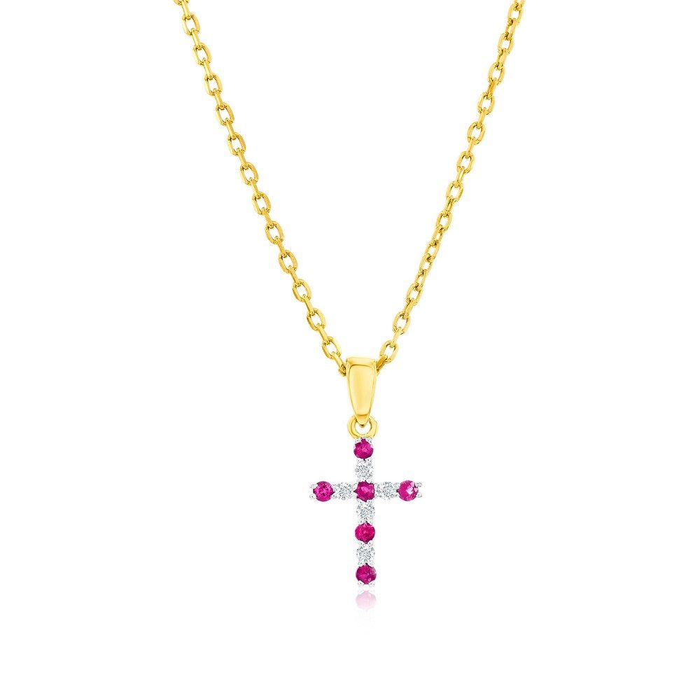 14KT Yellow Gold Ruby and Diamond Cross Necklace