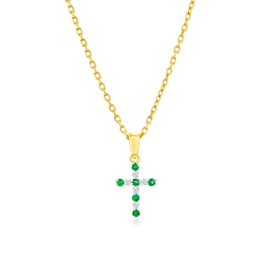 14KT Yellow Gold Emerald and Diamond Cross Necklace
