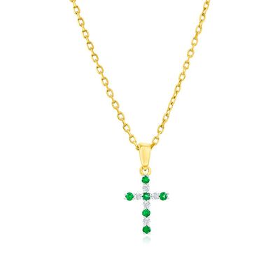 14KT Yellow Gold Emerald and Diamond Cross Necklace