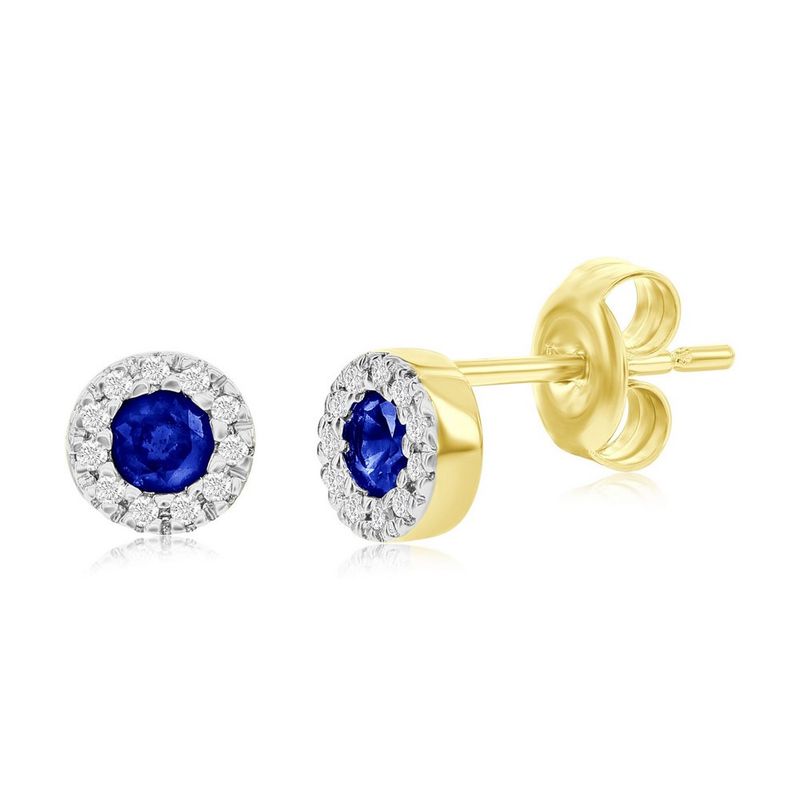 14KT Yellow Gold Round Sapphire Diamond Halo Stud Earrings