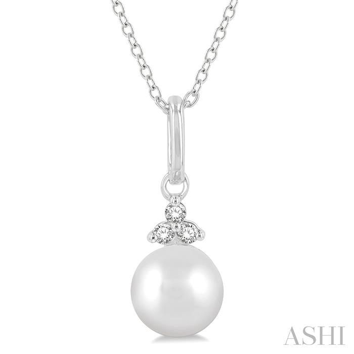 10KT White Gold Pearl and Three Diamond Accent Necklace