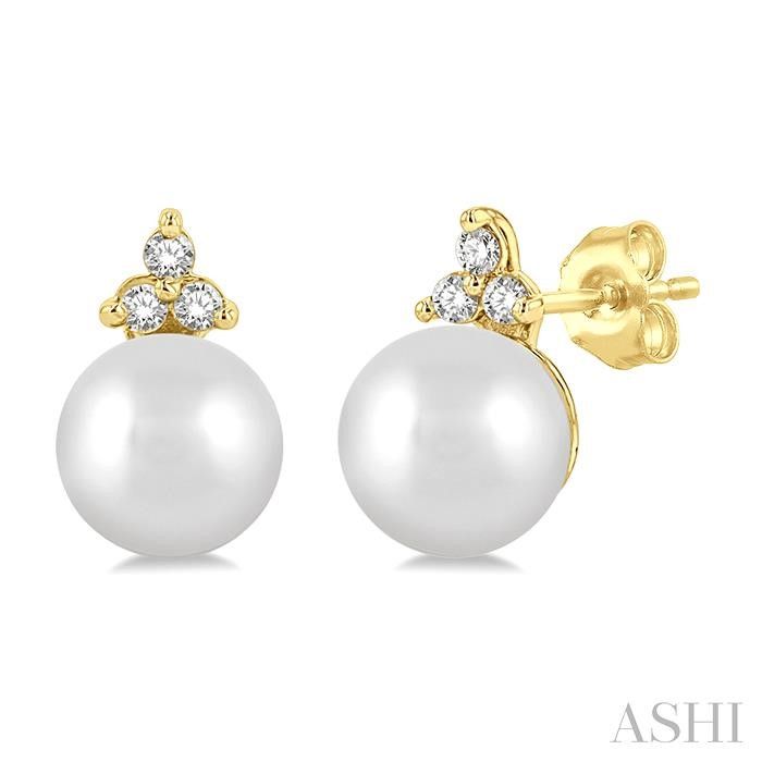 10KT Yellow Gold Pearl and Three Diamond Accent Earrings