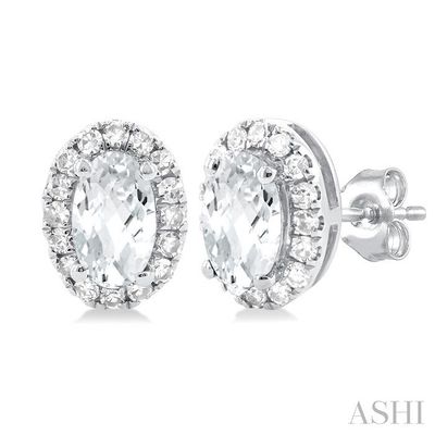 10KT White Gold Oval Birthstone Diamond Halo Stud Earrings
