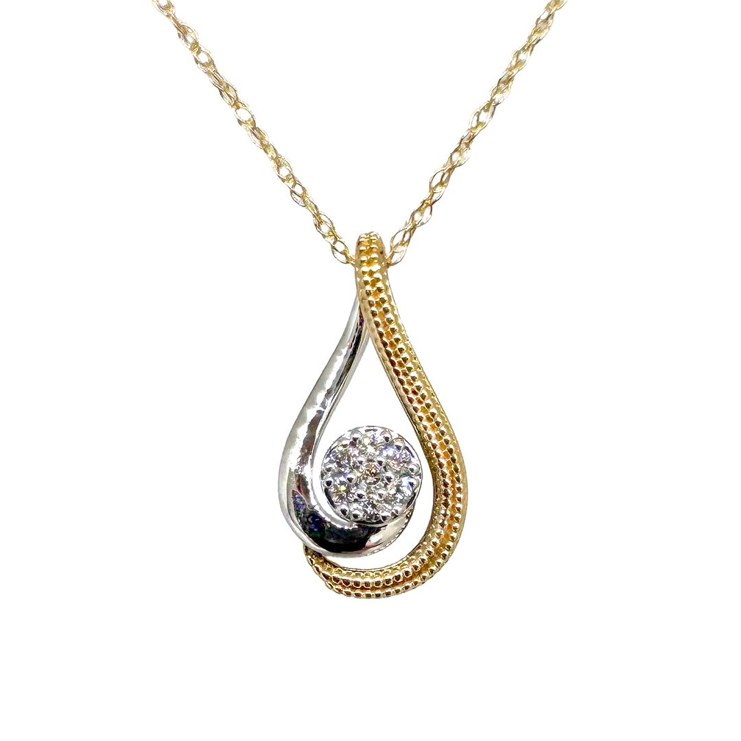 10KT Gold Diamond Cluster Milgrain Teardrop Swirl Necklace