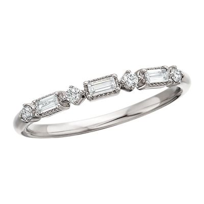 14KT White Gold Baguette and Round Diamond Stackable Band