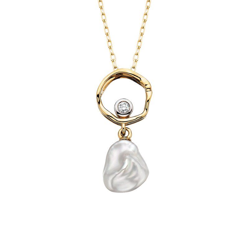 10KT Yellow Gold Keshi Pearl Round Diamond Accent Necklace