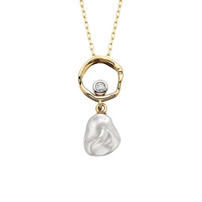 10KT Yellow Gold Keshi Pearl Round Diamond Accent Necklace