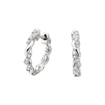 10KT White Gold Diamond Twist Mini Hoop Earrings
