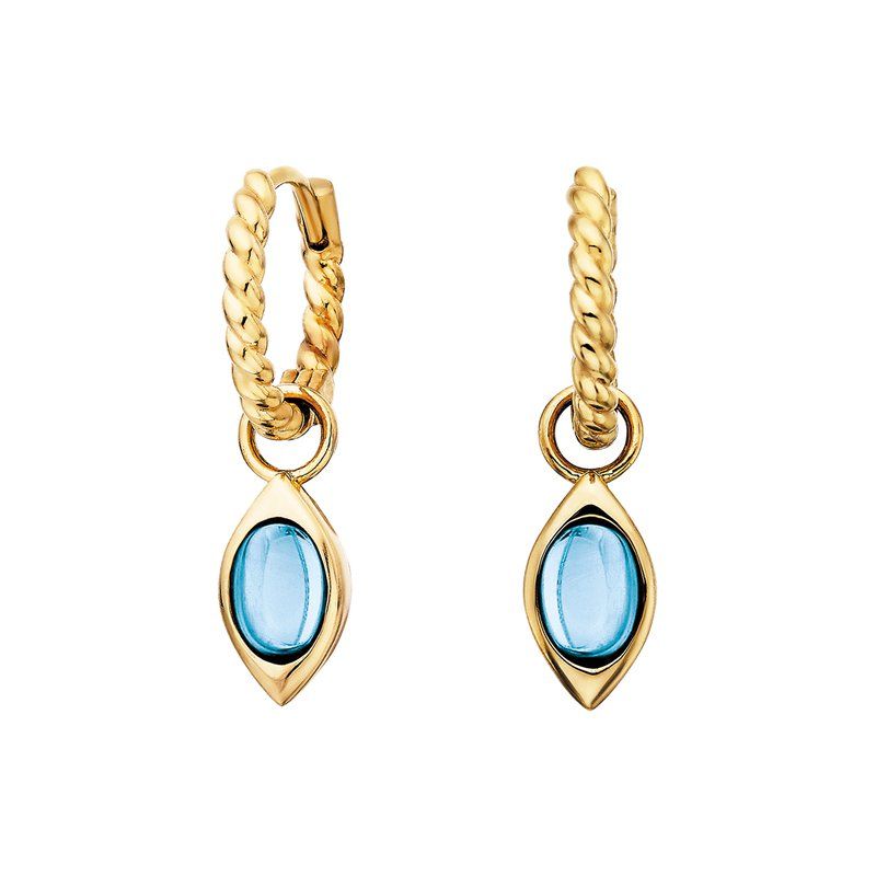 Yellow Gold-Plated Oval Blue Topaz Cabochon Mini Hoop Earrings