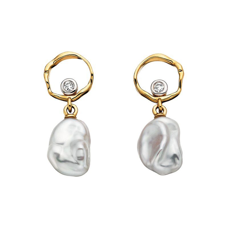 10KT Yellow Gold Keshi Pearl Round Diamond Accent Earrings