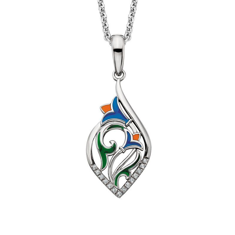 Silver Round White Topaz and Floral Enamel Necklace