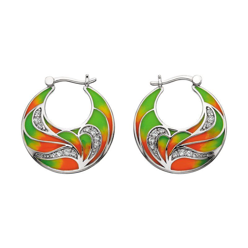 Silver Round White Topaz and Orange-Green Enamel Hoop Earrings