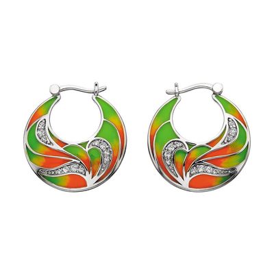 Silver Round White Topaz and Orange-Green Enamel Hoop Earrings