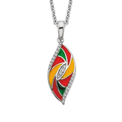 Silver Round White Topaz and Red-Yellow-Green Enamel Necklace