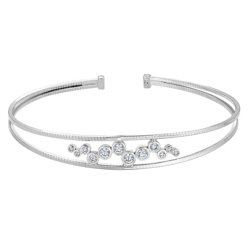 Bella Cavo Silver Simulated Diamond Bubble Dual Omega Cable Cuff Bracelet